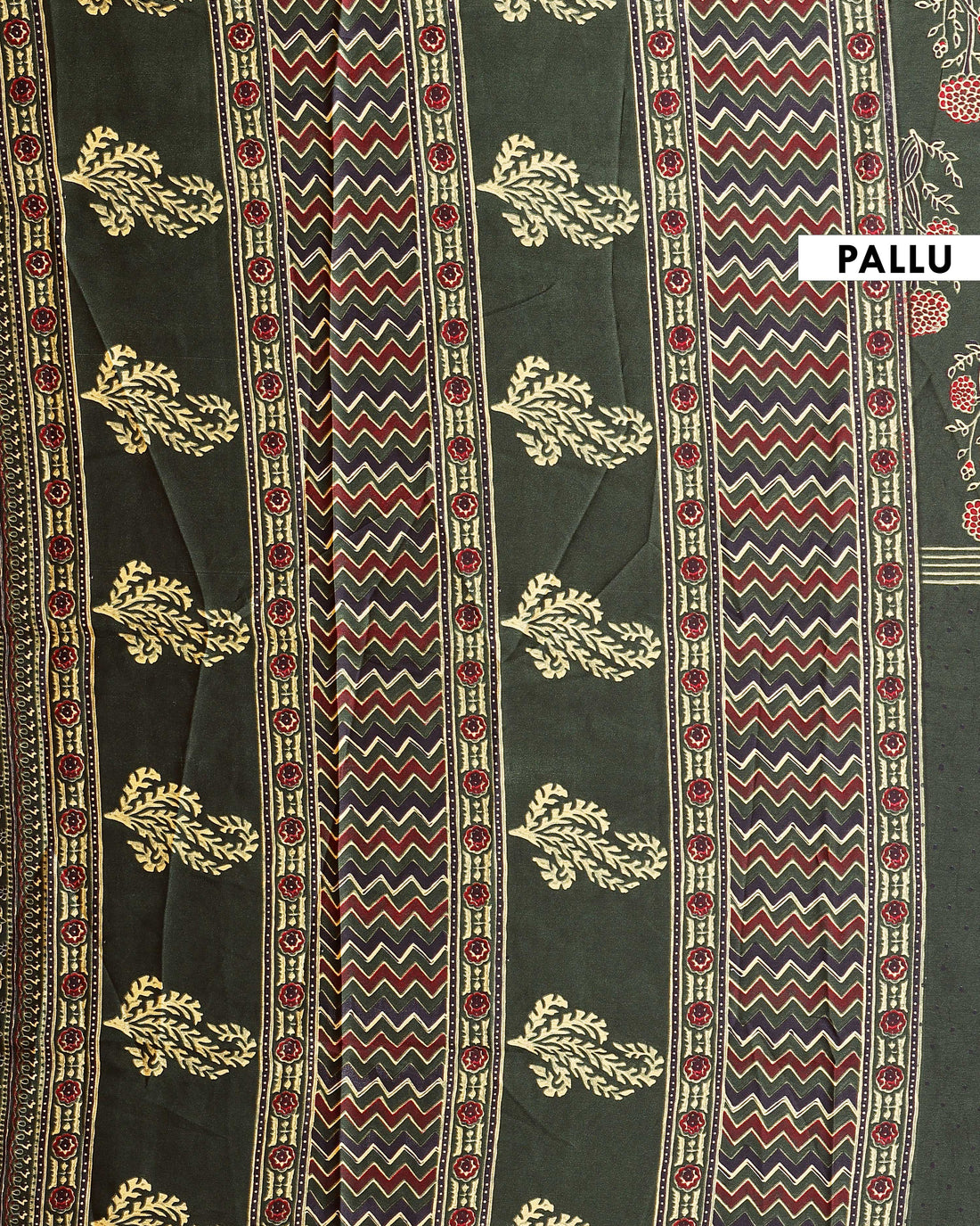 Exquisite Ajrakh Hand-Block Printed Modal Satin Saree with Intricate Border Design - Green
