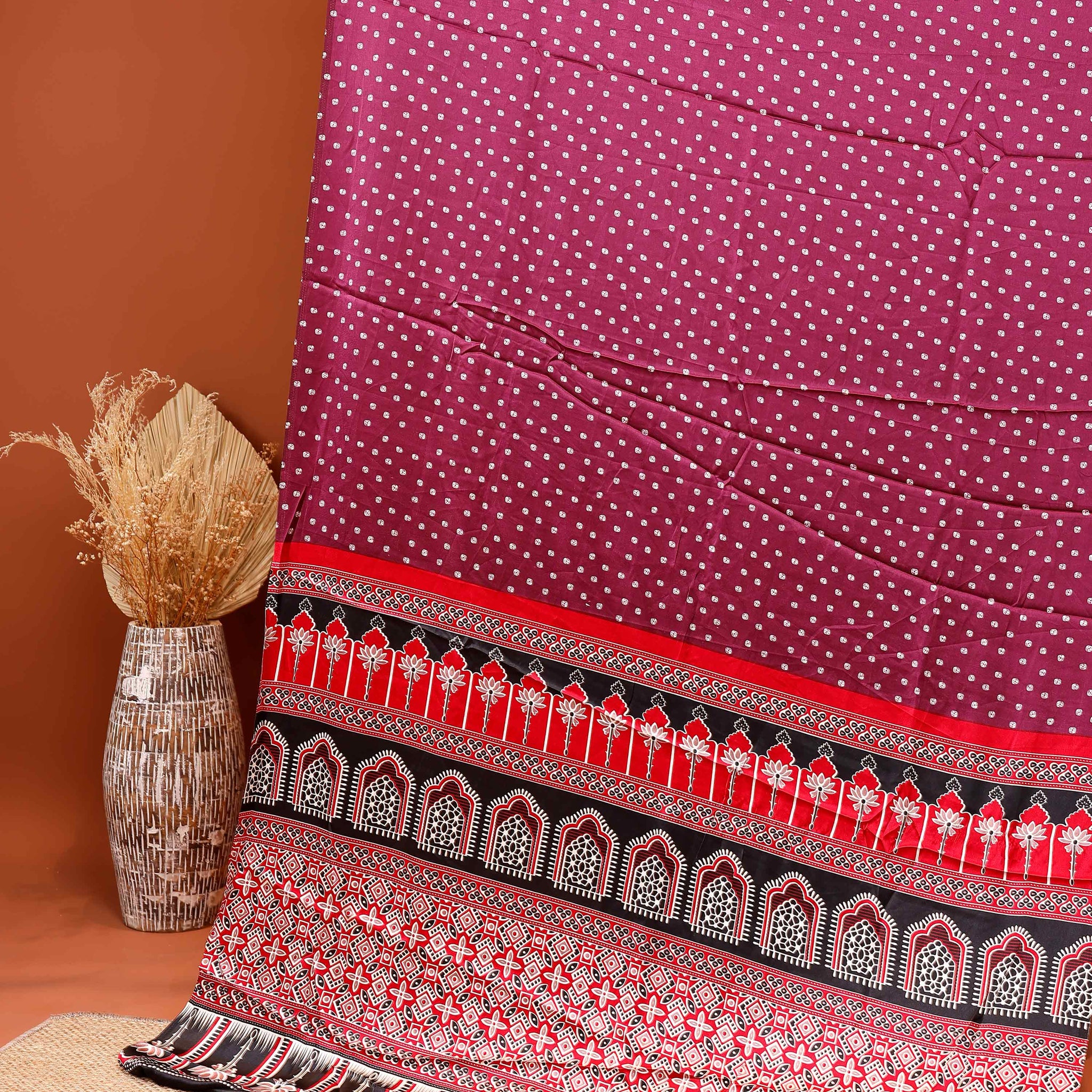 Exquisite Modal Satin Saree with Traditional Ajrakh Print & Bandhani Border - Purple