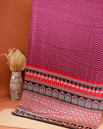 Exquisite Modal Satin Saree with Traditional Ajrakh Print & Bandhani Border - Purple