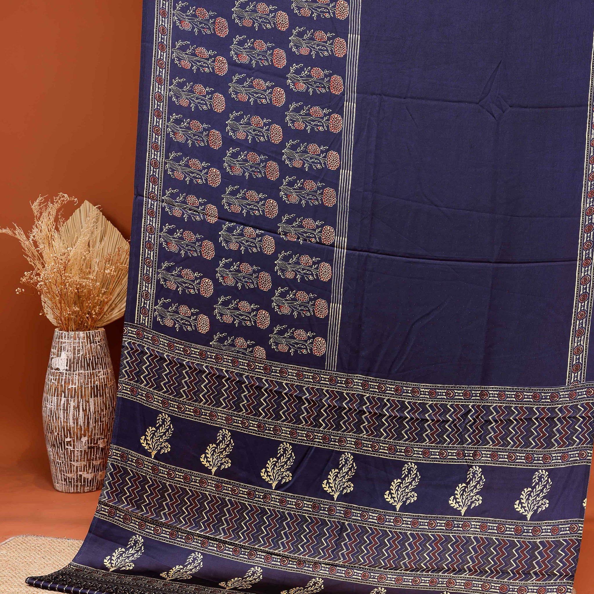 Exquisite Hand Block Printed Modal Satin Saree with Intricate Floral and Geometric Motifs - Navy Blue
