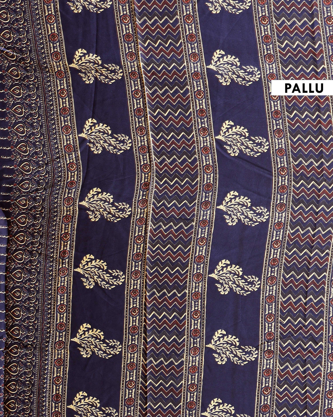 Exquisite Hand Block Printed Modal Satin Saree with Intricate Floral and Geometric Motifs - Navy Blue