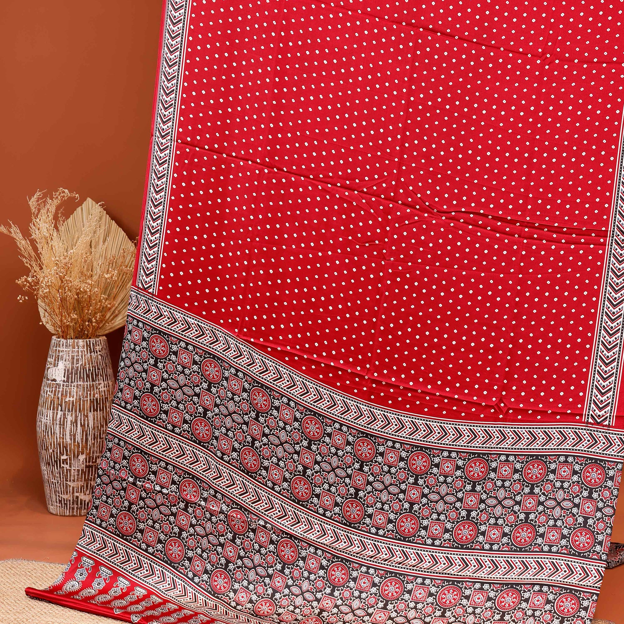 Elegant Modal Satin Saree with Intricate Buti Pattern and Contrasting Border Design - Red