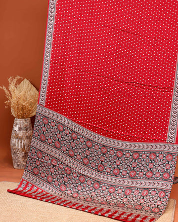 Elegant Modal Satin Saree with Intricate Buti Pattern and Contrasting Border Design - Red