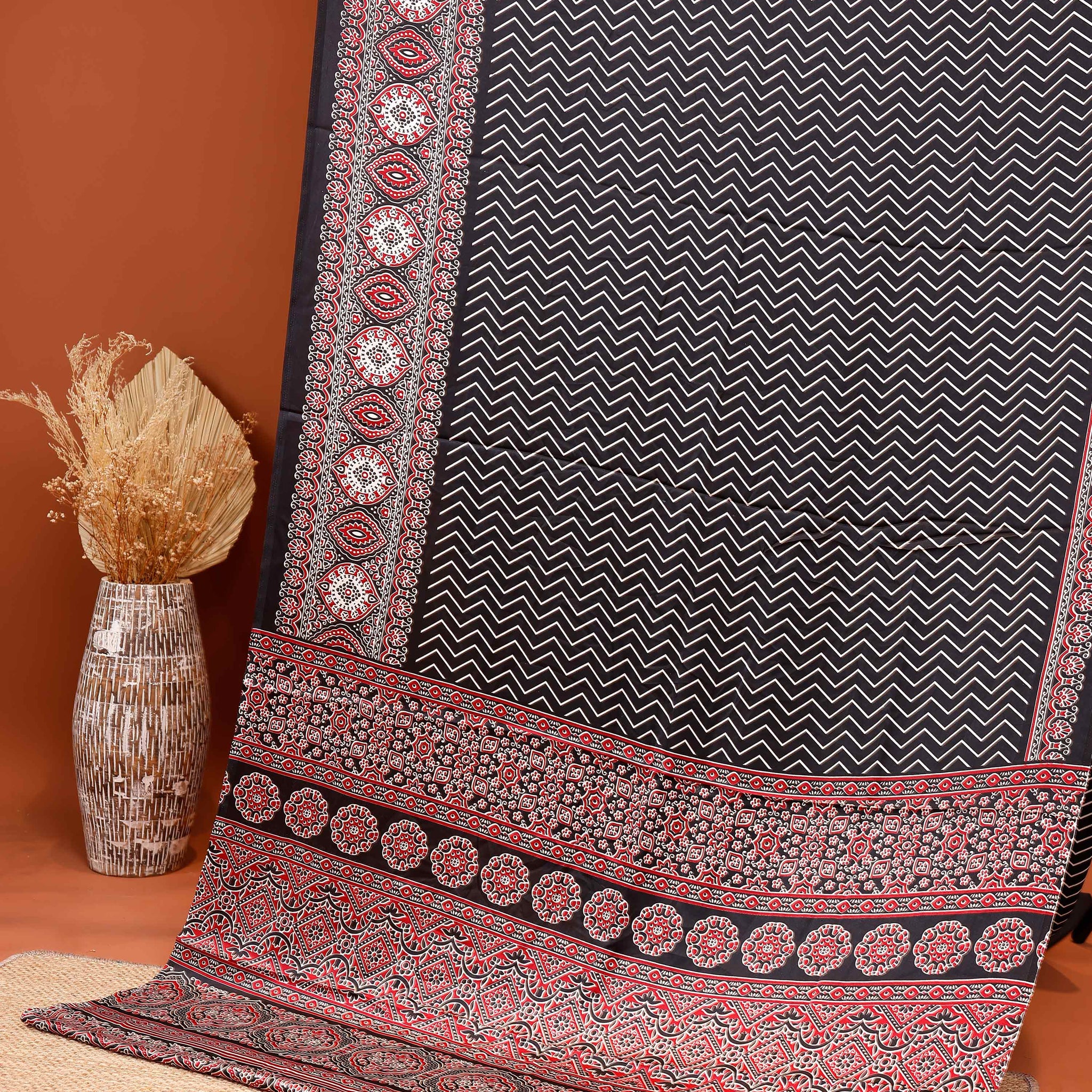 Elegant Modal Satin Saree with Traditional Ajrakh Border and Chevron Pattern - Dark Grey