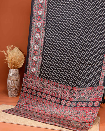 Elegant Modal Satin Saree with Traditional Ajrakh Border and Chevron Pattern - Dark Grey