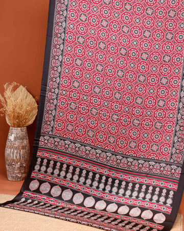 Handcrafted Ajrakh Block Print Modal Satin Saree with Traditional Motifs - Red