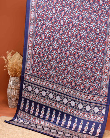 Modal Satin Saree with Intricate Floral Motifs and Traditional Geometric Patterns  - Purple