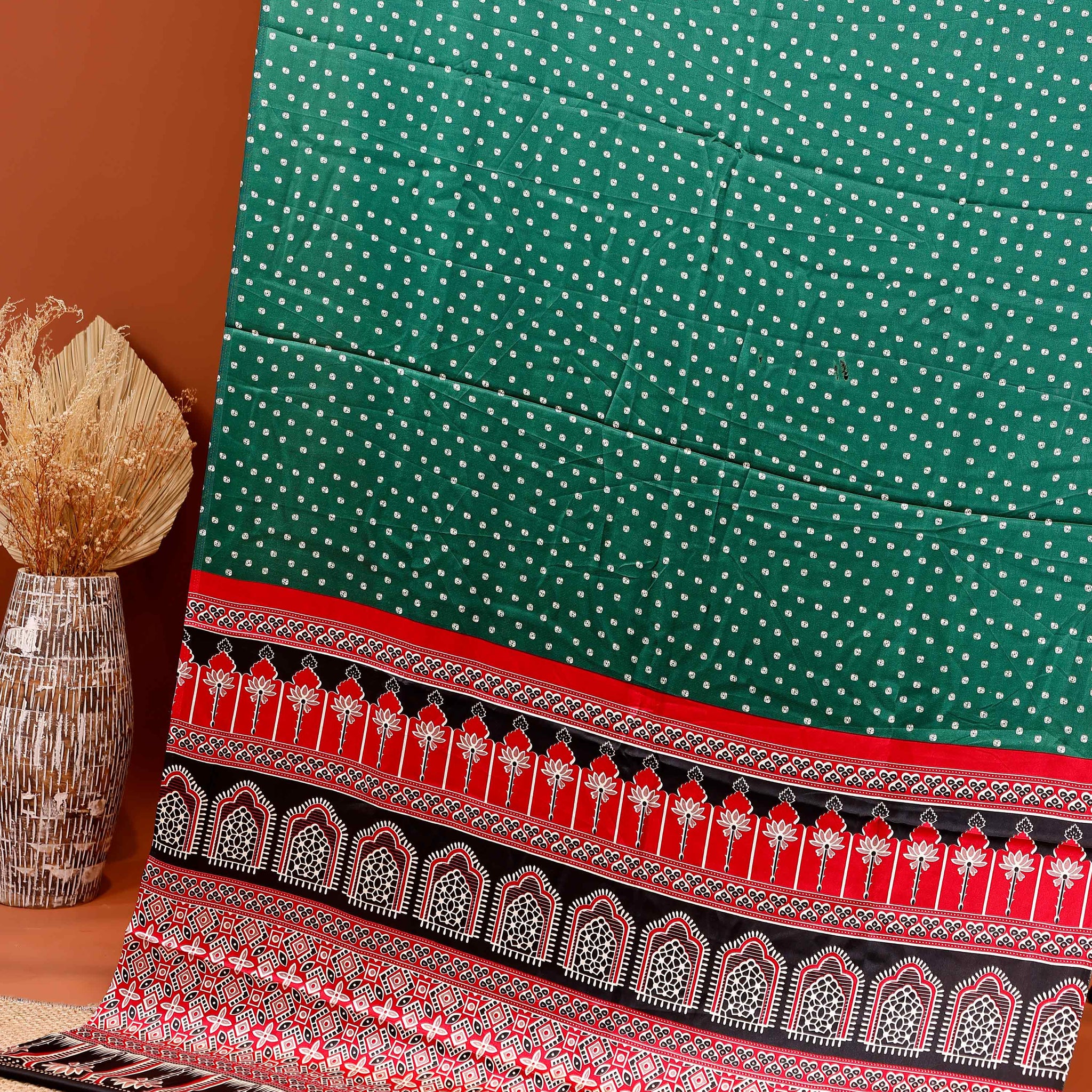 Elegant Bandhani Print Modal Satin Saree with Intricate Temple Border Design - Green