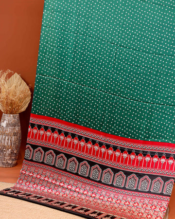 Elegant Bandhani Print Modal Satin Saree with Intricate Temple Border Design - Green