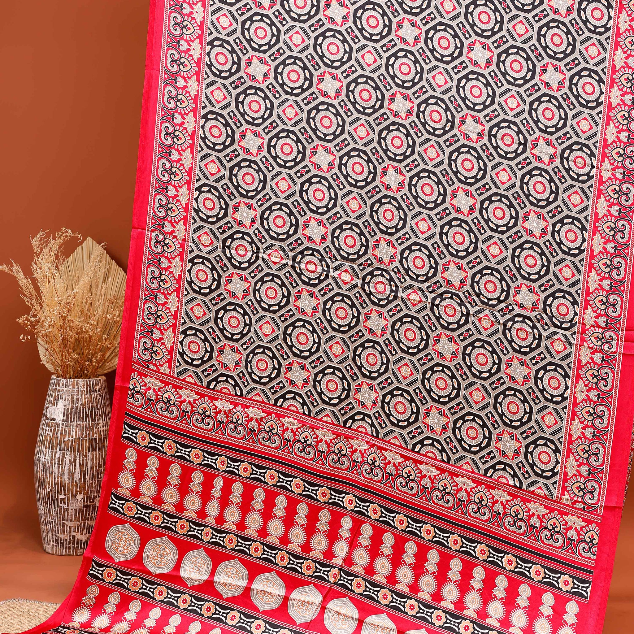 Hand Block Printed Ajrakh Modal Satin Saree with Geometric and Traditional Motifs - Black