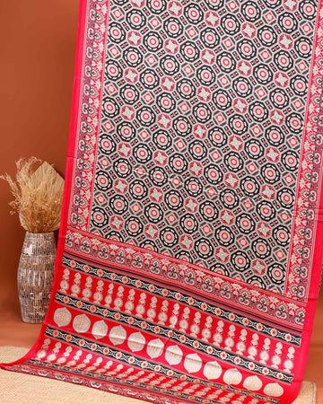 Hand Block Printed Ajrakh Modal Satin Saree with Geometric and Traditional Motifs - Black