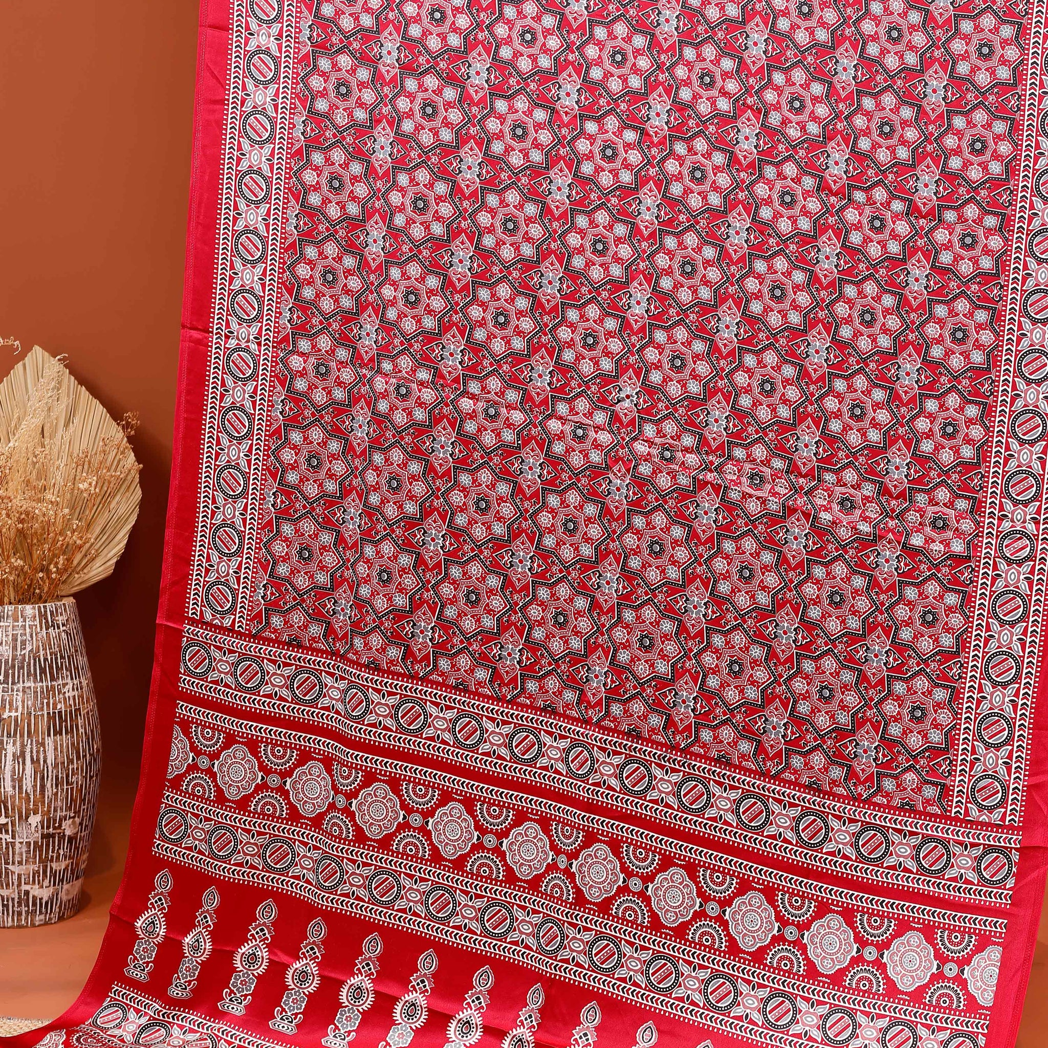 Hand Block Printed Ajrakh Modal Satin Saree with Geometric and Traditional Motifs - Red
