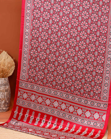Hand Block Printed Ajrakh Modal Satin Saree with Geometric and Traditional Motifs - Red