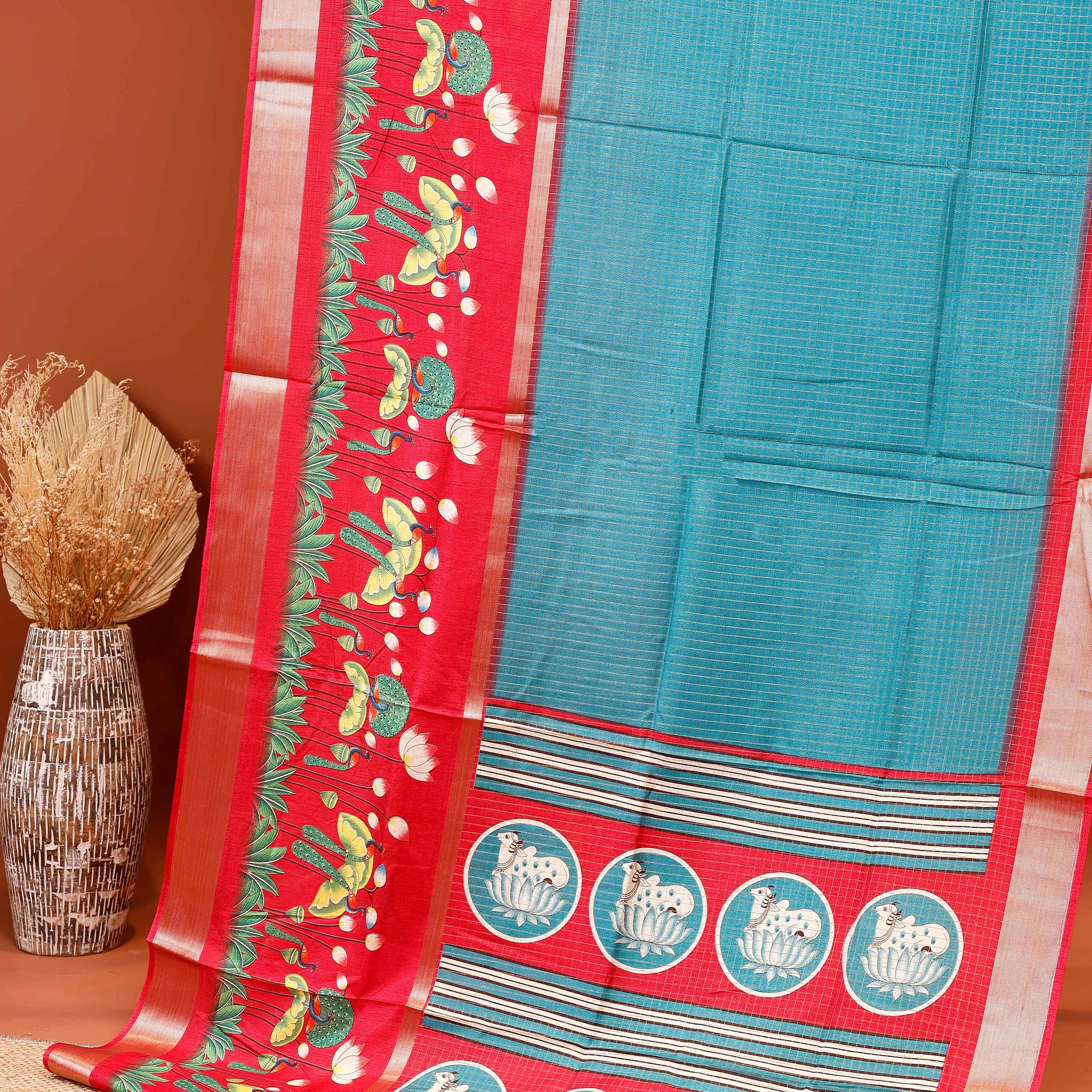 Traditional Kota Saree with Subtle Checked Elegant Lotus and Peacock Motifs - Blue