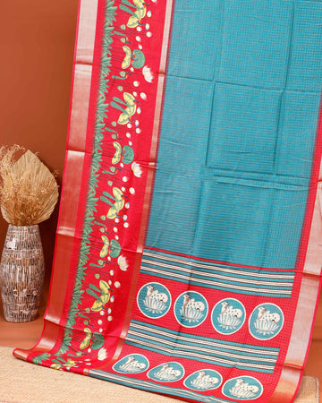 Traditional Kota Saree with Subtle Checked Elegant Lotus and Peacock Motifs - Blue
