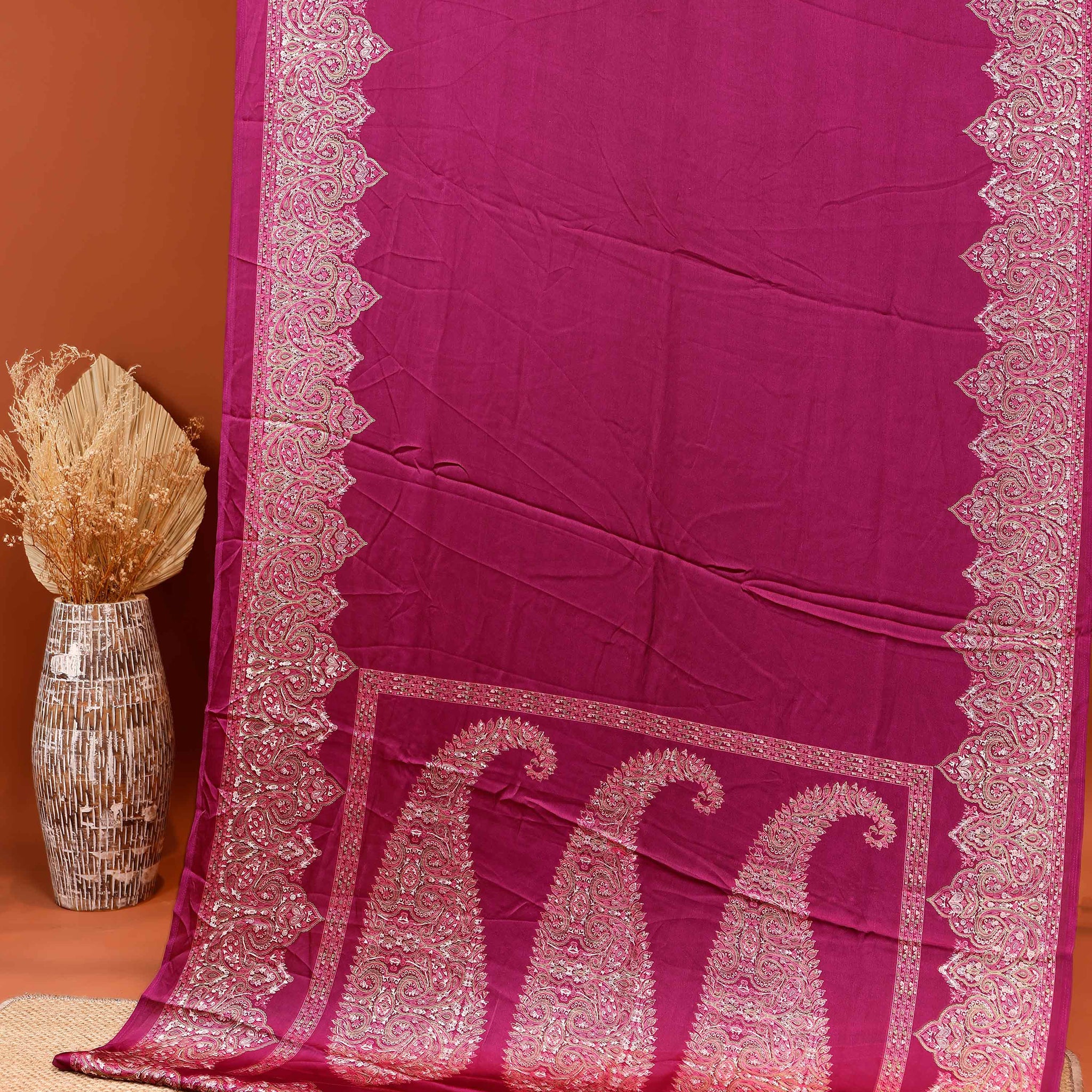 Exquisite Modal Satin Saree with Intricate Paisley Embroidery Border and Pallu - Purple