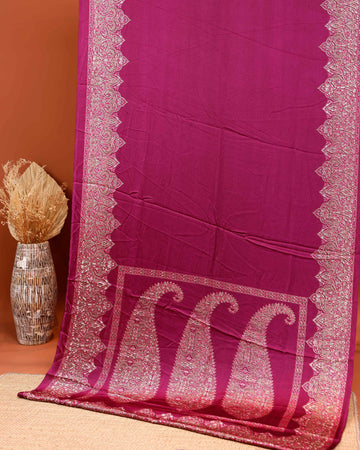 Exquisite Modal Satin Saree with Intricate Paisley Embroidery Border and Pallu - Purple