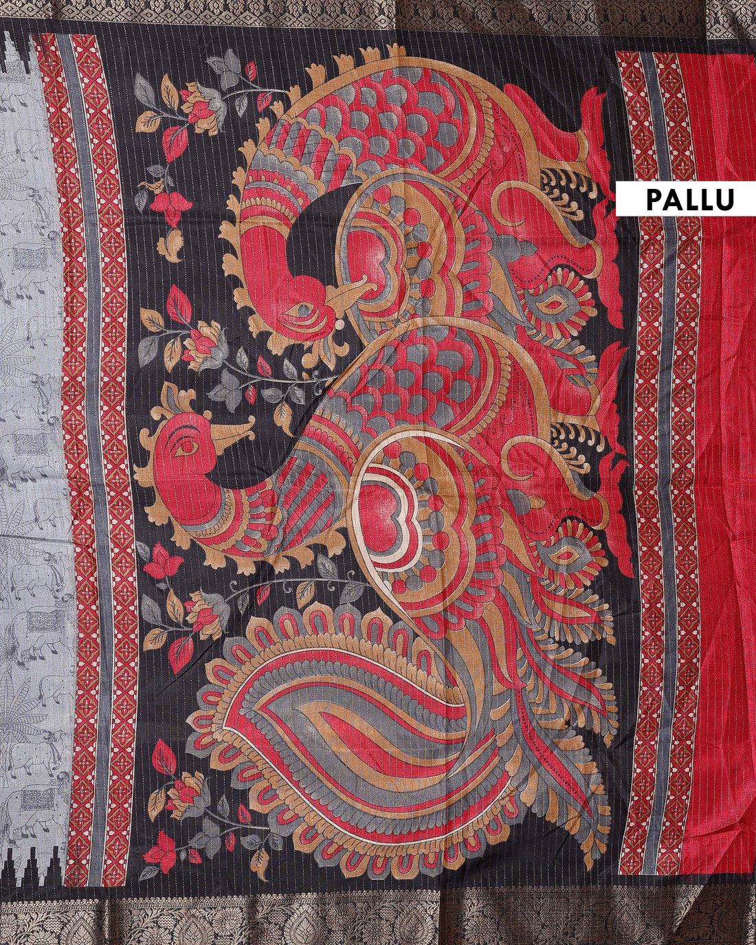 Elegant Dola Silk Saree with Elaborate Peacock and Paisley Border - Grey