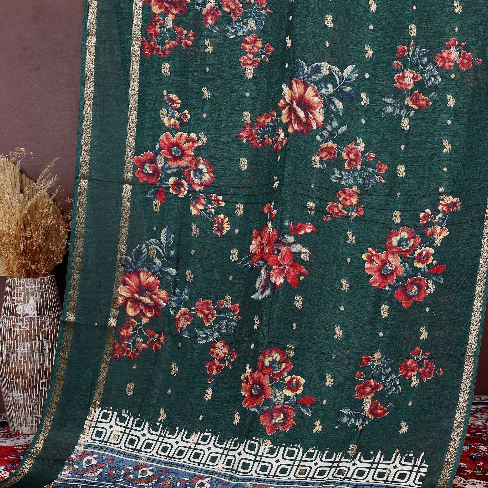 Graceful Fancy Silk Saree with Bold Floral Prints and Elegant Zari Border - Green