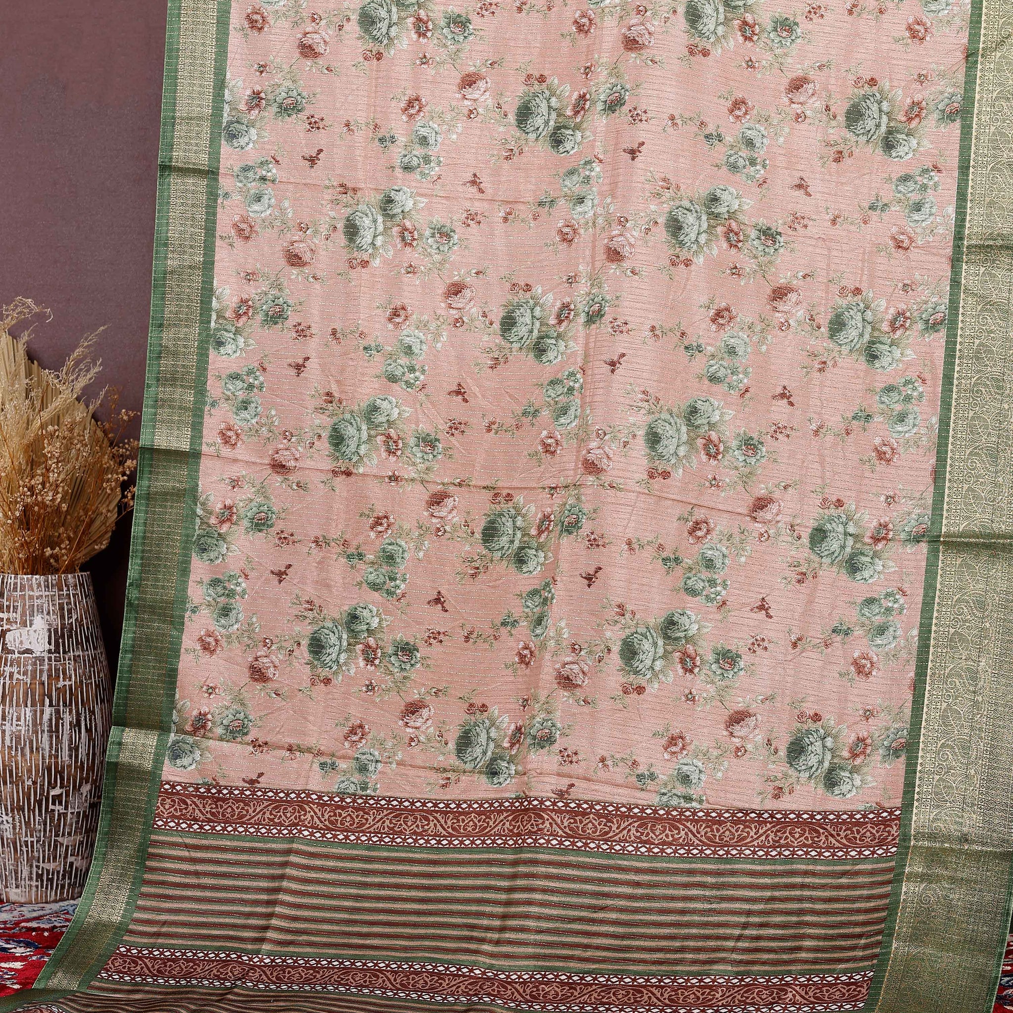 Elegant Dola Silk Saree with Intricate Floral Digital Print and Contrasting Woven Border - Peach