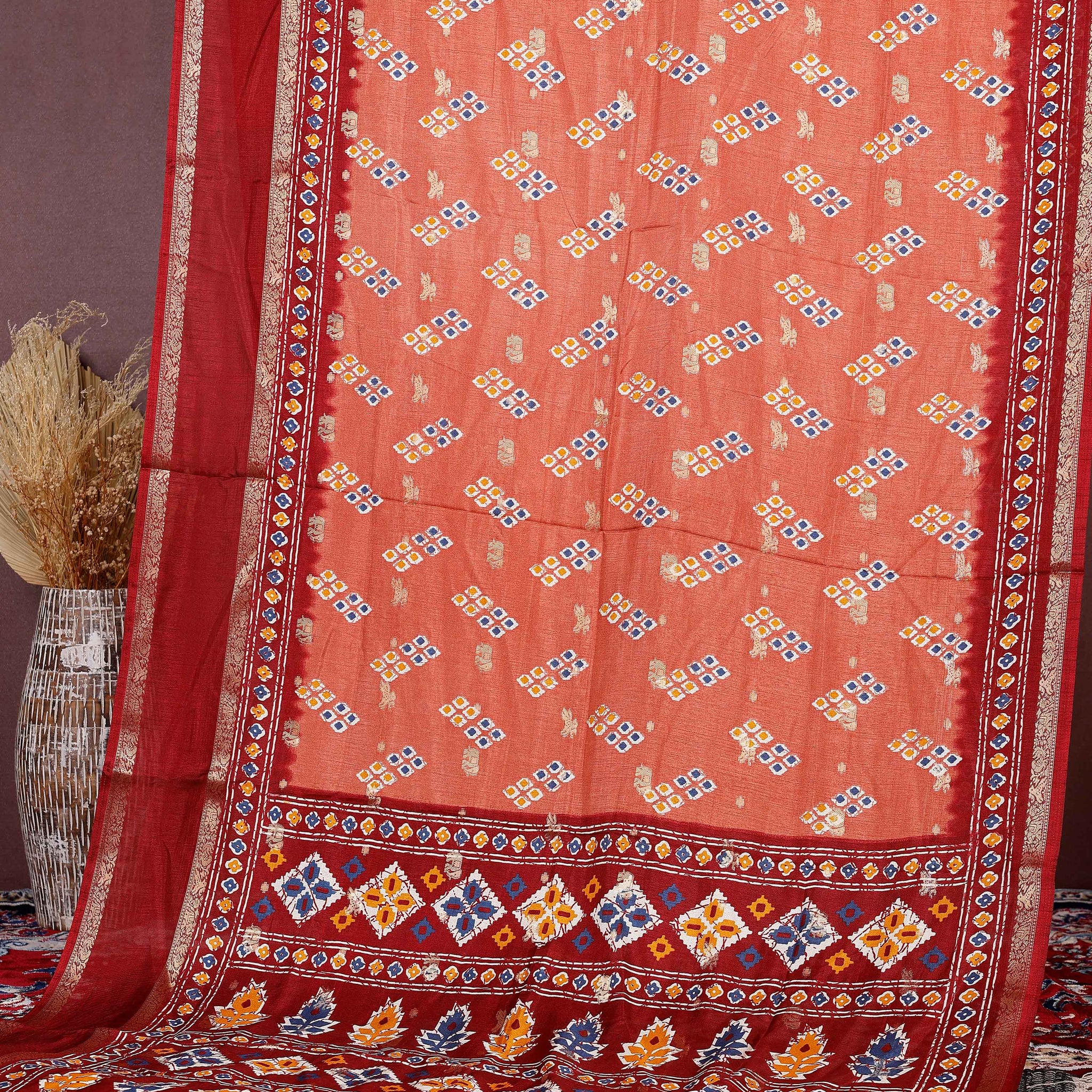 Exquisite Fancy Silk Saree with Geometric Woven Motifs and Contrasting Decorative Border - Orange