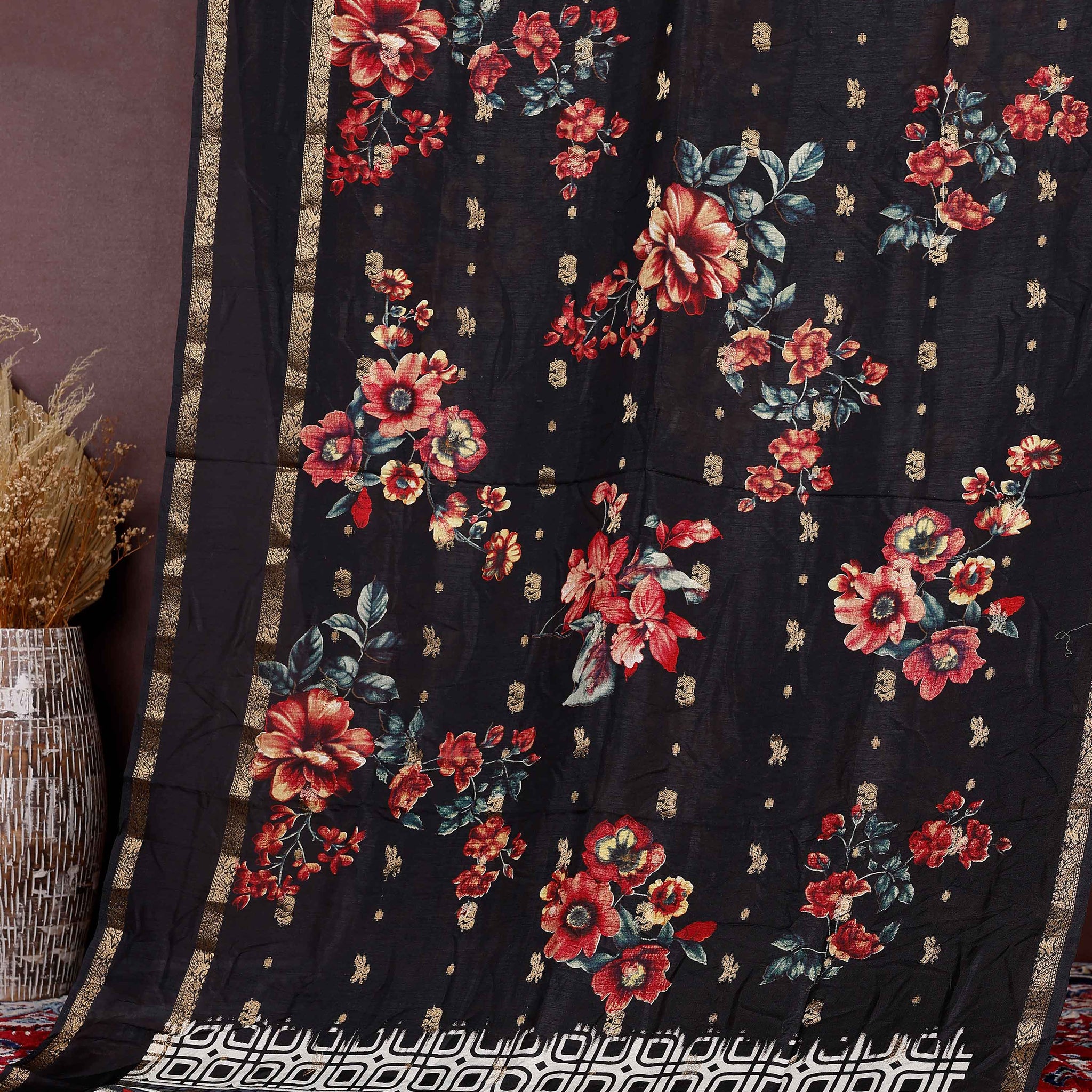 Graceful Fancy Silk Saree with Bold Floral Prints and Elegant Zari Border - Black
