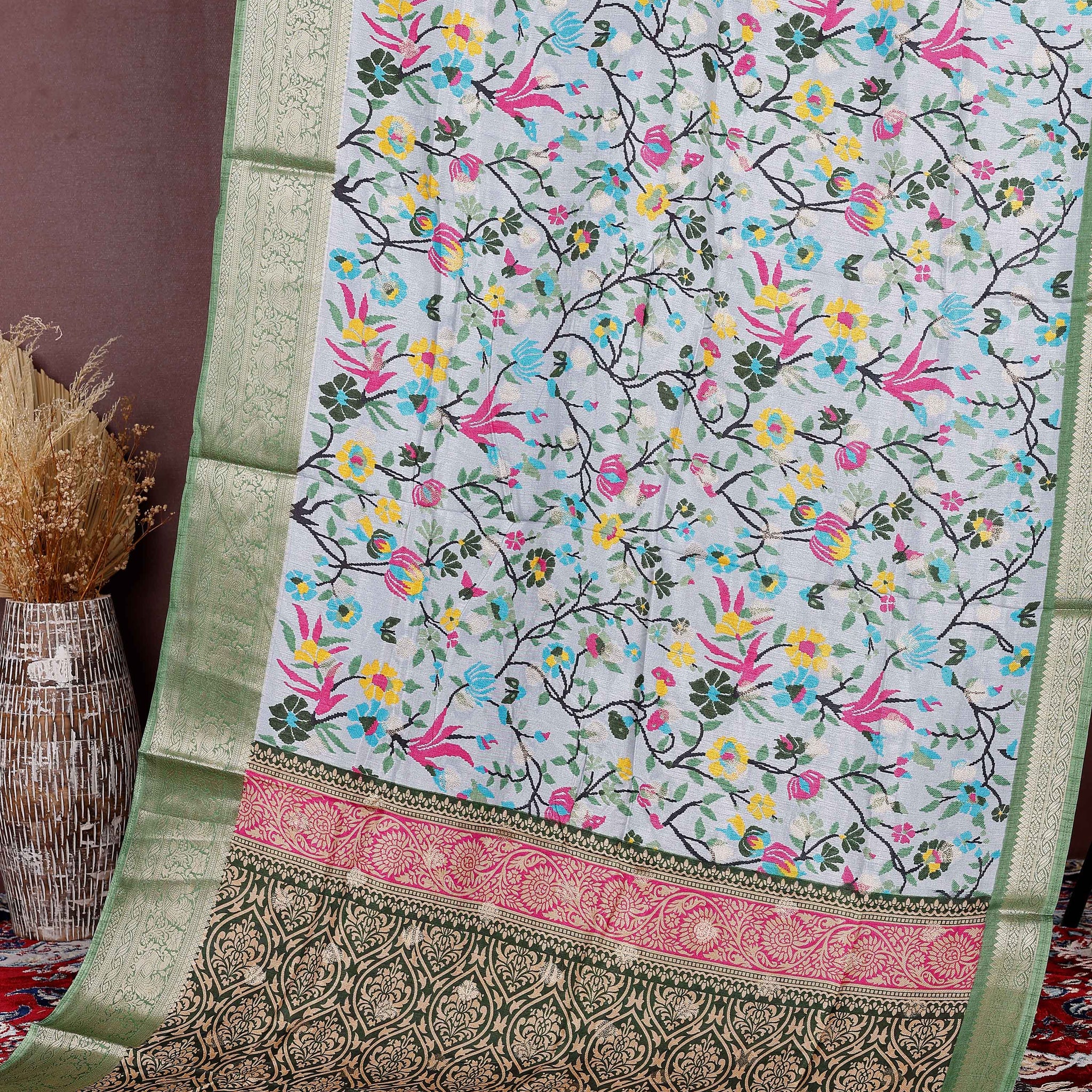 Elegant Fancy Silk Saree with All-Over Floral Weaving and Contrasting Zari Border - Multi