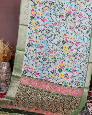 Elegant Fancy Silk Saree with All-Over Floral Weaving and Contrasting Zari Border - Multi