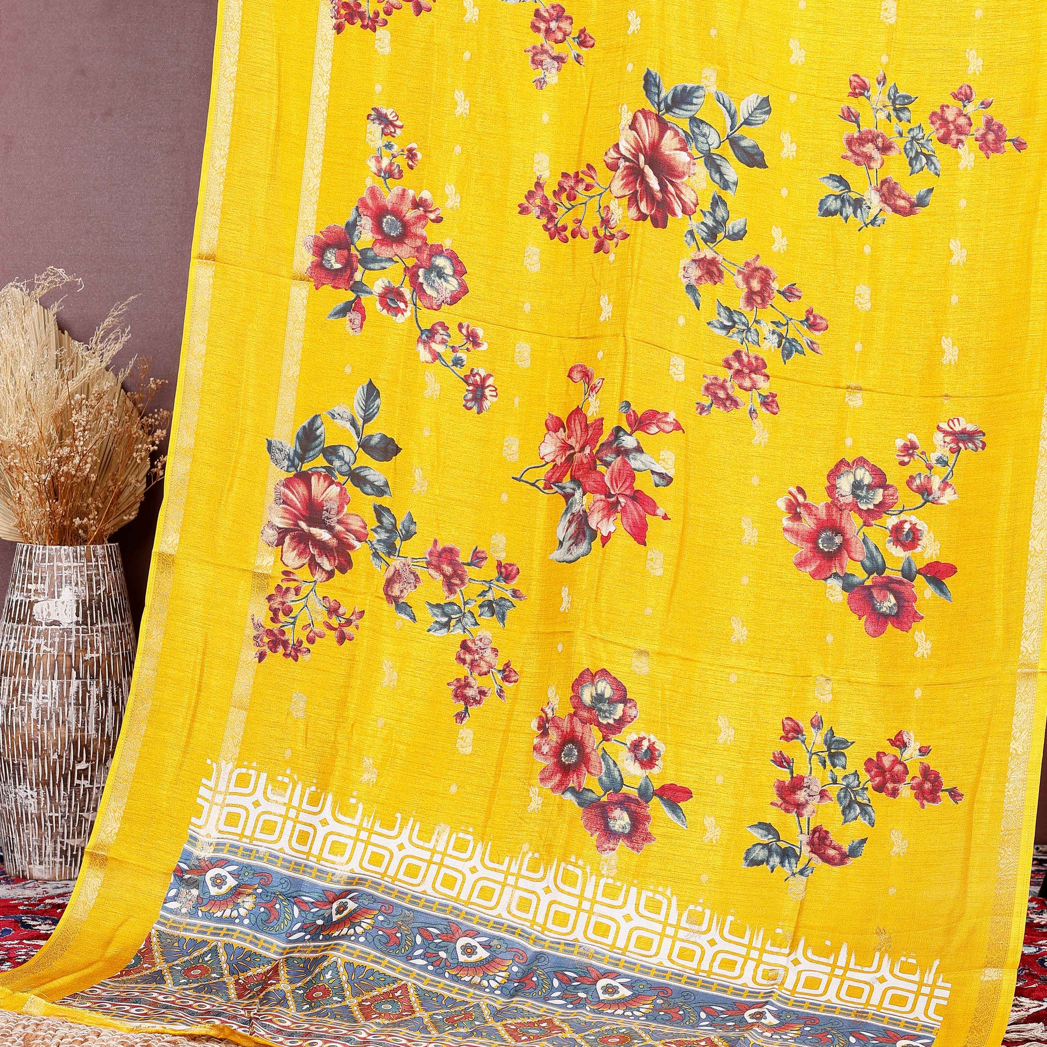 Stylish Fancy Silk Saree with Bold Floral Prints and Ornamental Geometric Border Design - Yellow