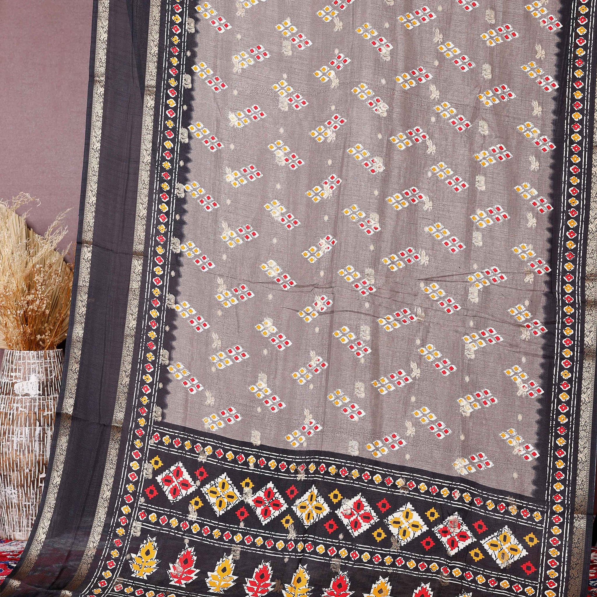 Exquisite Fancy Silk Saree with Geometric Woven Motifs and Contrasting Decorative Border - Brown