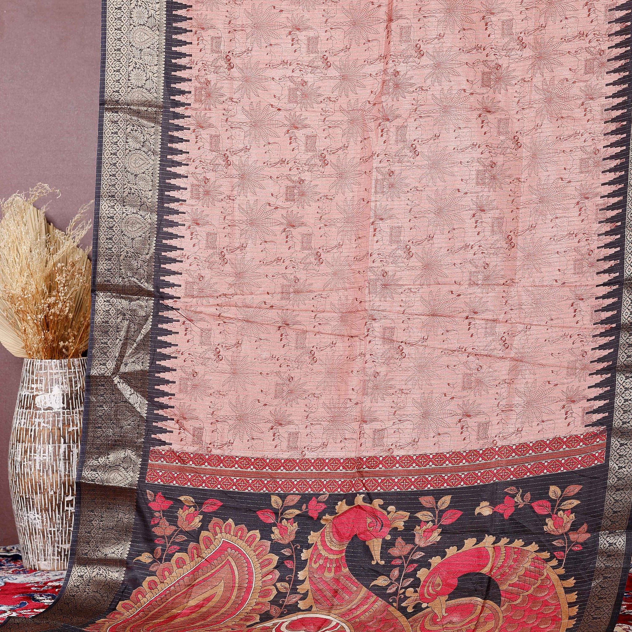 Elegant Dola Silk Saree with Elaborate Peacock and Paisley Border - Peach