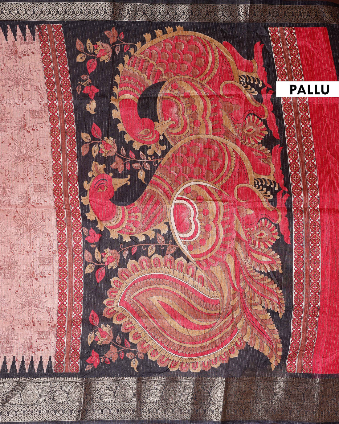 Elegant Dola Silk Saree with Elaborate Peacock and Paisley Border - Peach