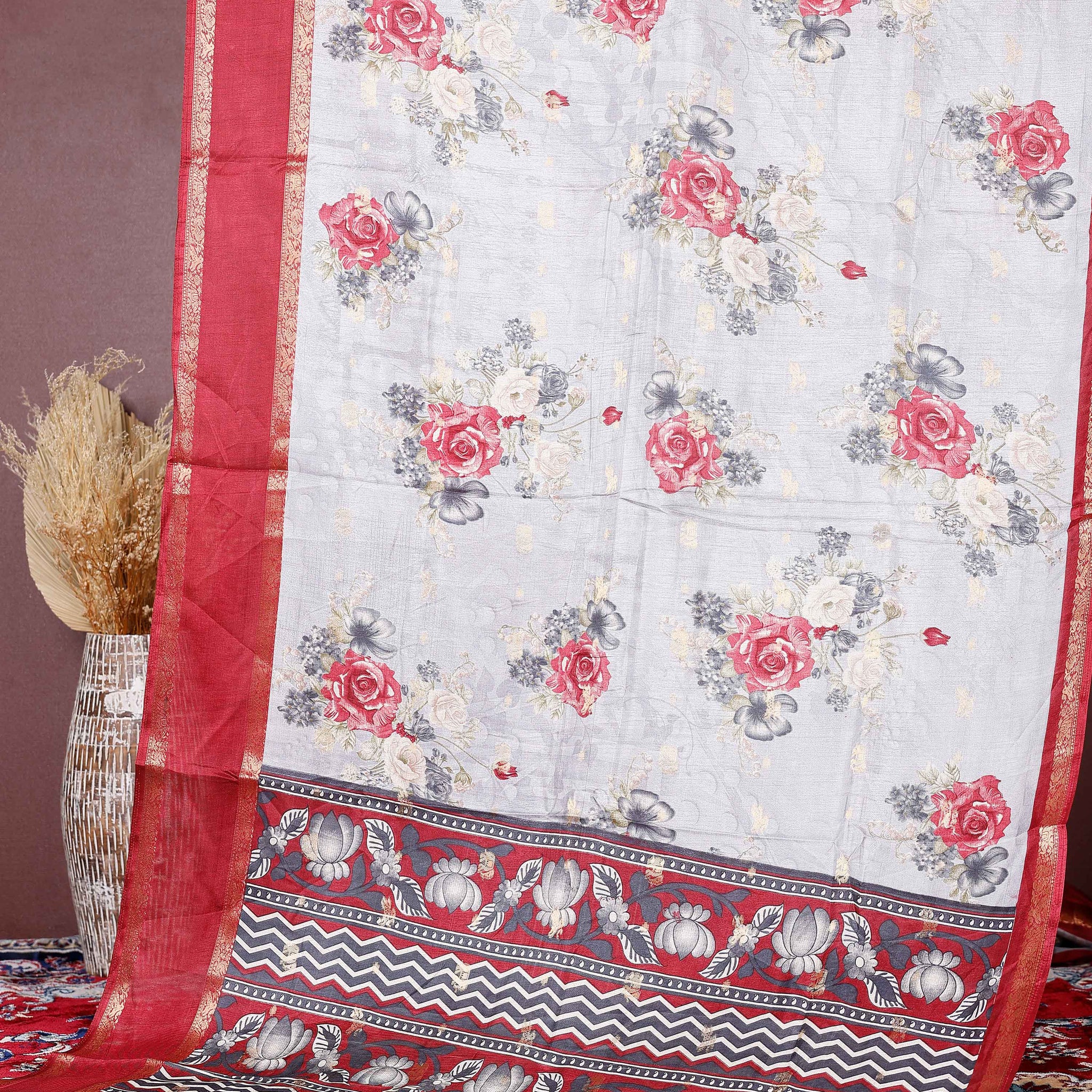 Elegant Fancy Silk Saree with Rose Floral Prints and Ornamental Designer Border - Grey