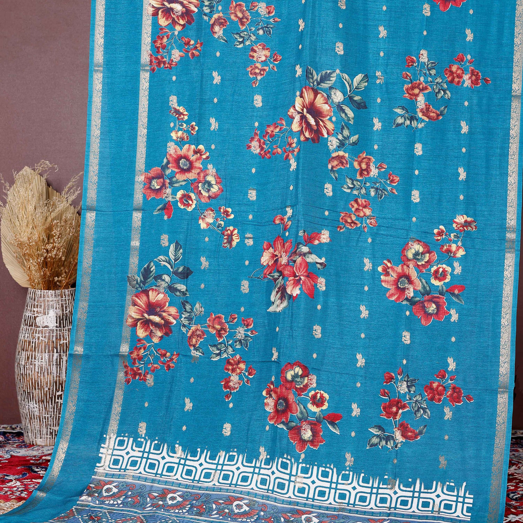 Graceful Fancy Silk Saree with Bold Floral Prints and Elegant Zari Border - Blue
