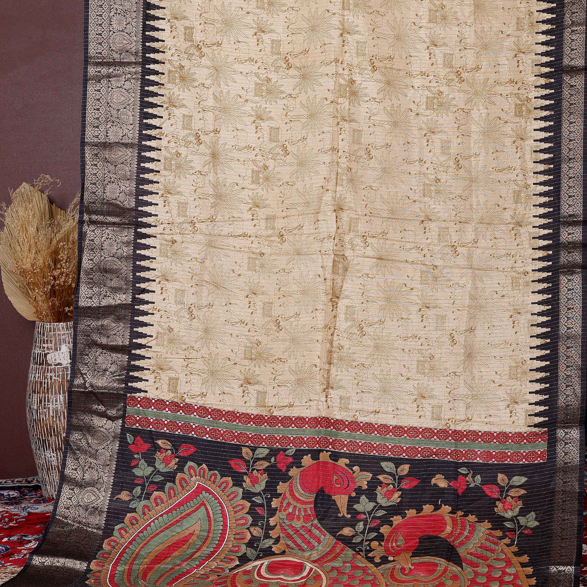 Elegant Dola Silk Saree with Elaborate Peacock and Paisley Border - Sandal