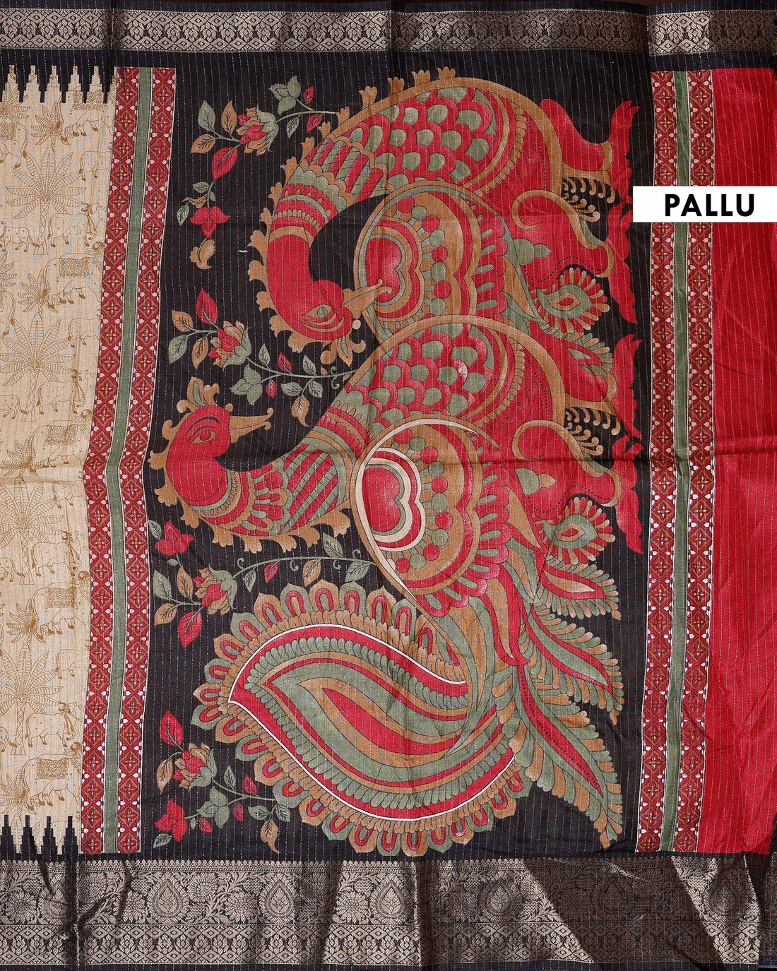 Elegant Dola Silk Saree with Elaborate Peacock and Paisley Border - Sandal