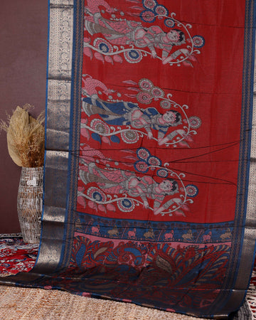 Elegant Semi Chanderi Saree with Traditional Kalamkari Handcrafted Motifs and Intricate Zari Border - Red