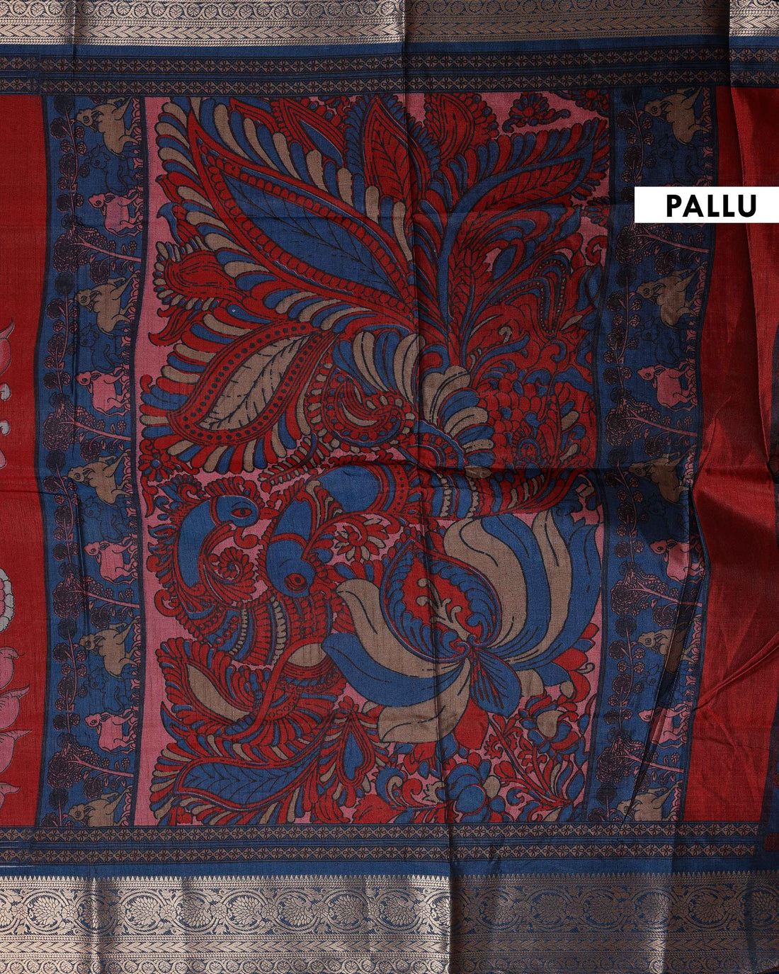 Elegant Semi Chanderi Saree with Traditional Kalamkari Handcrafted Motifs and Intricate Zari Border - Red