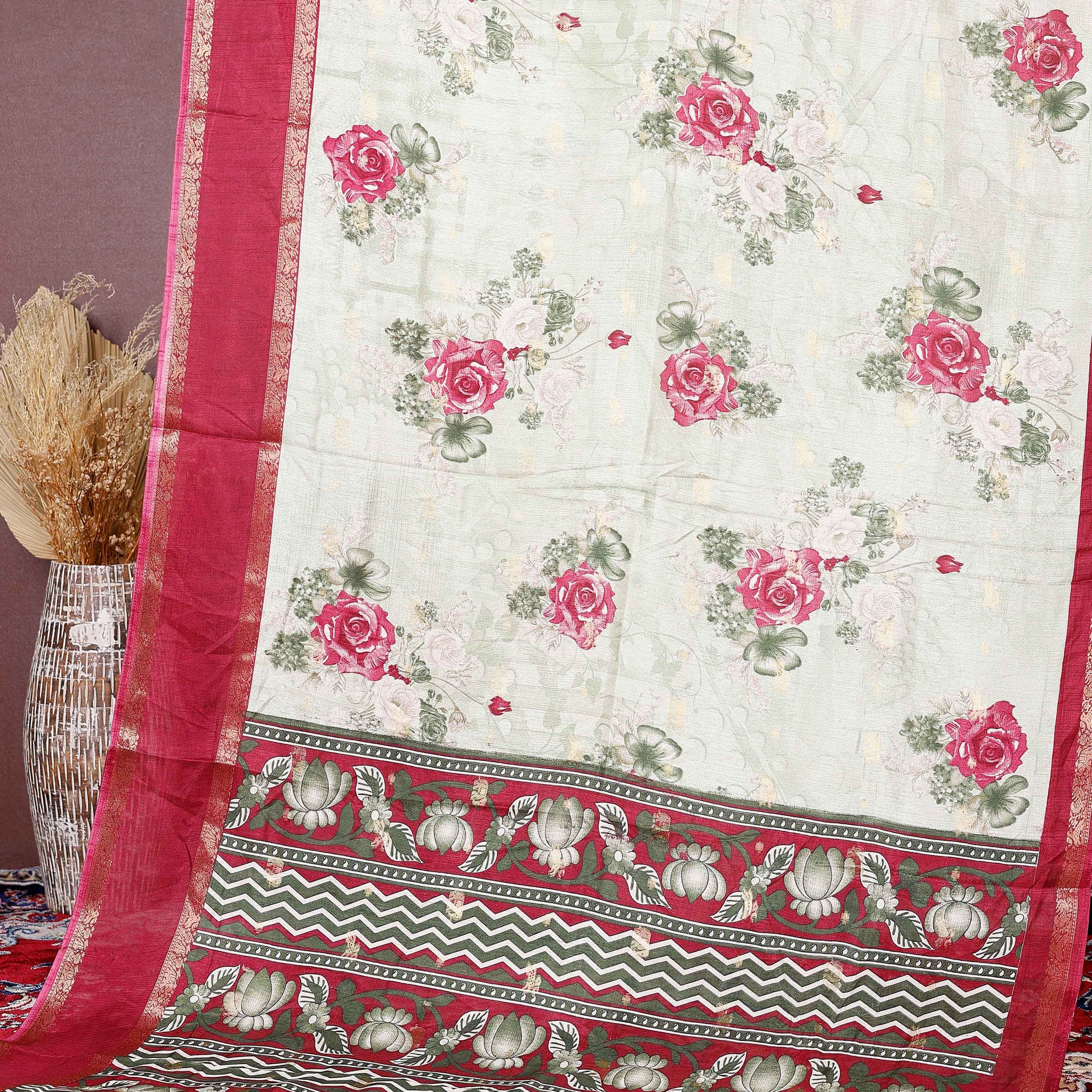 Elegant Fancy Silk Saree with Rose Floral Prints and Ornamental Designer Border - Green