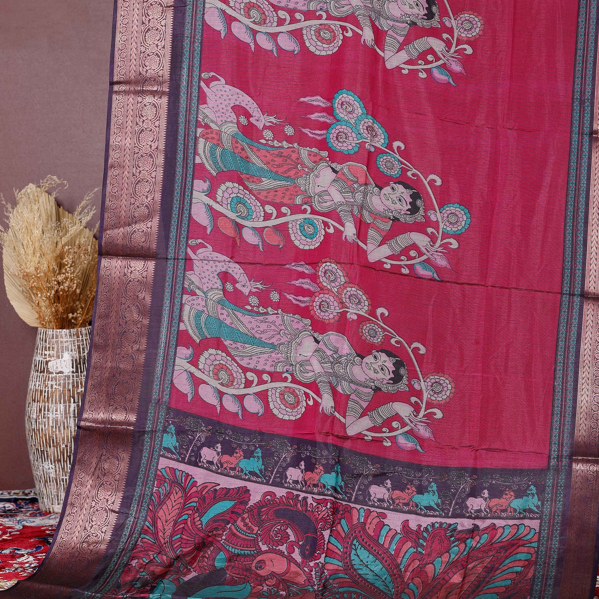 Elegant Semi Chanderi Saree with Traditional Kalamkari Handcrafted Motifs and Intricate Zari Border - Dark Pink