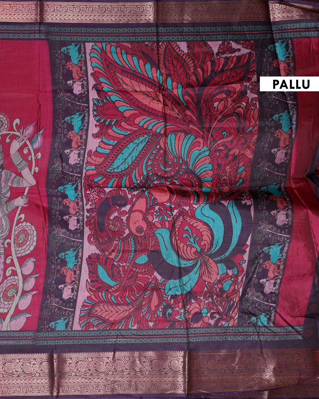 Elegant Semi Chanderi Saree with Traditional Kalamkari Handcrafted Motifs and Intricate Zari Border - Dark Pink
