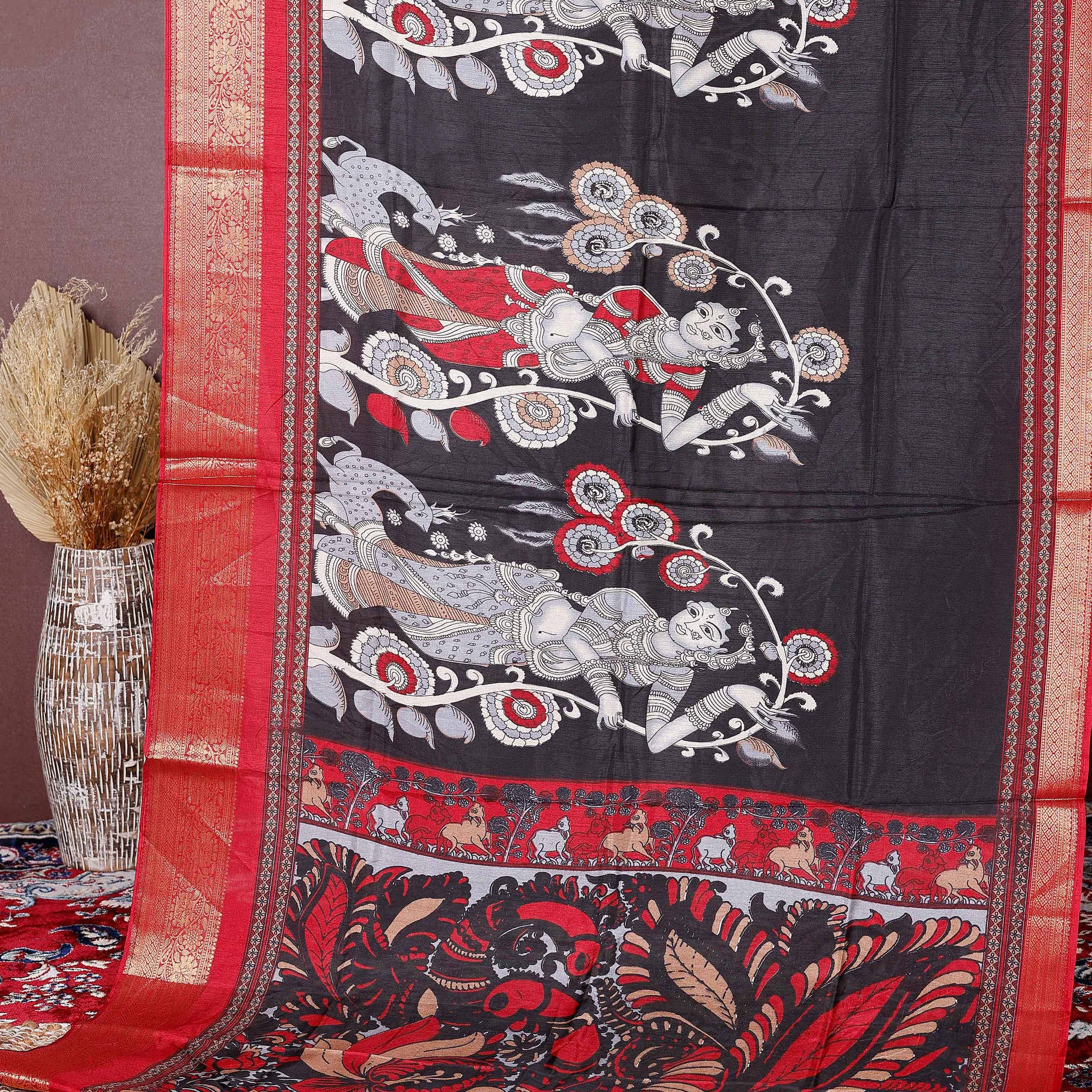 Elegant Semi Chanderi Saree with Traditional Kalamkari Handcrafted Motifs and Intricate Zari Border - Black