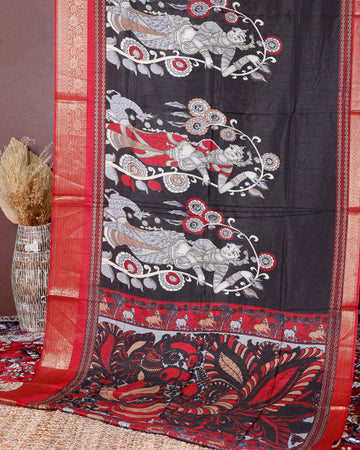Elegant Semi Chanderi Saree with Traditional Kalamkari Handcrafted Motifs and Intricate Zari Border - Black