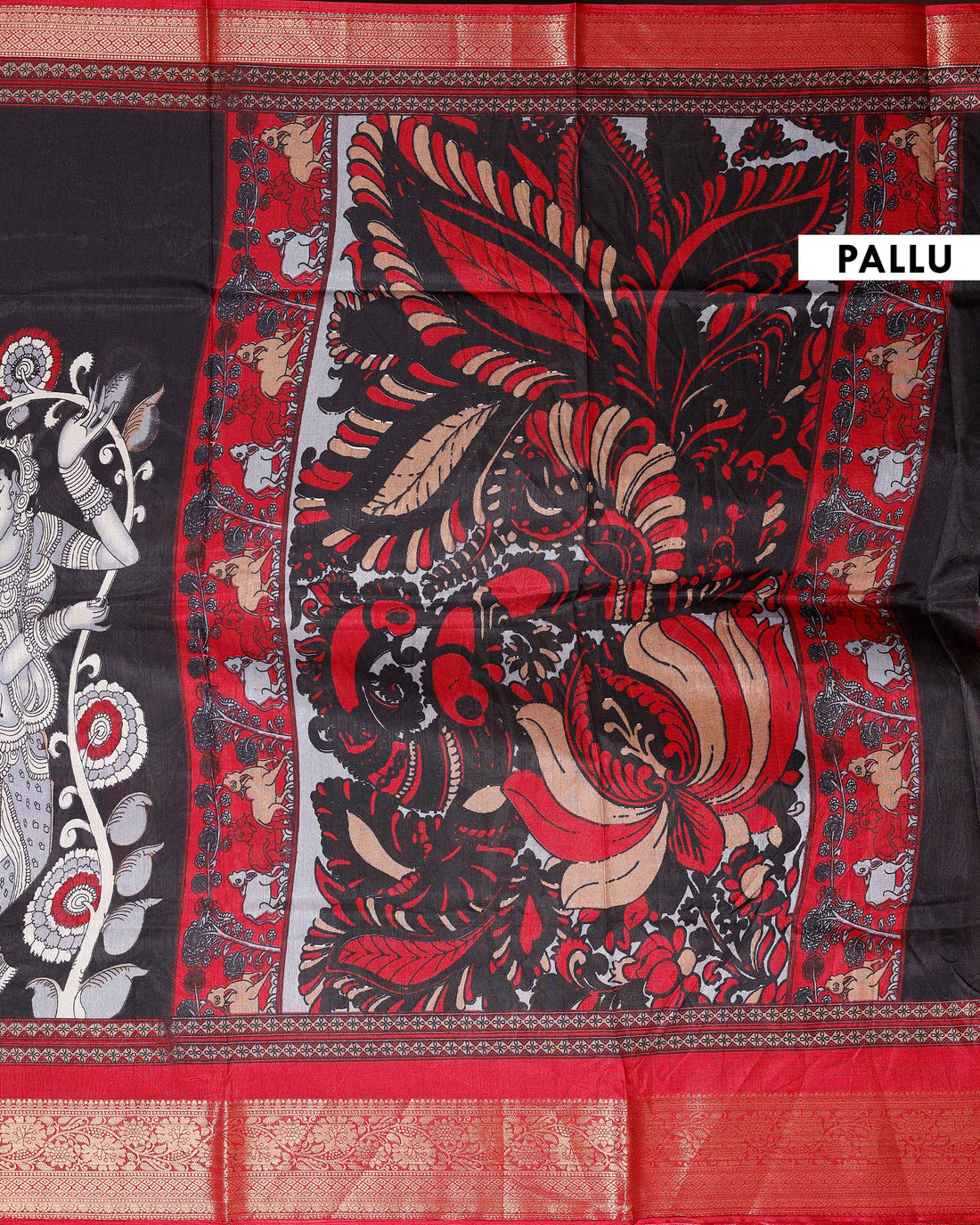 Elegant Semi Chanderi Saree with Traditional Kalamkari Handcrafted Motifs and Intricate Zari Border - Black