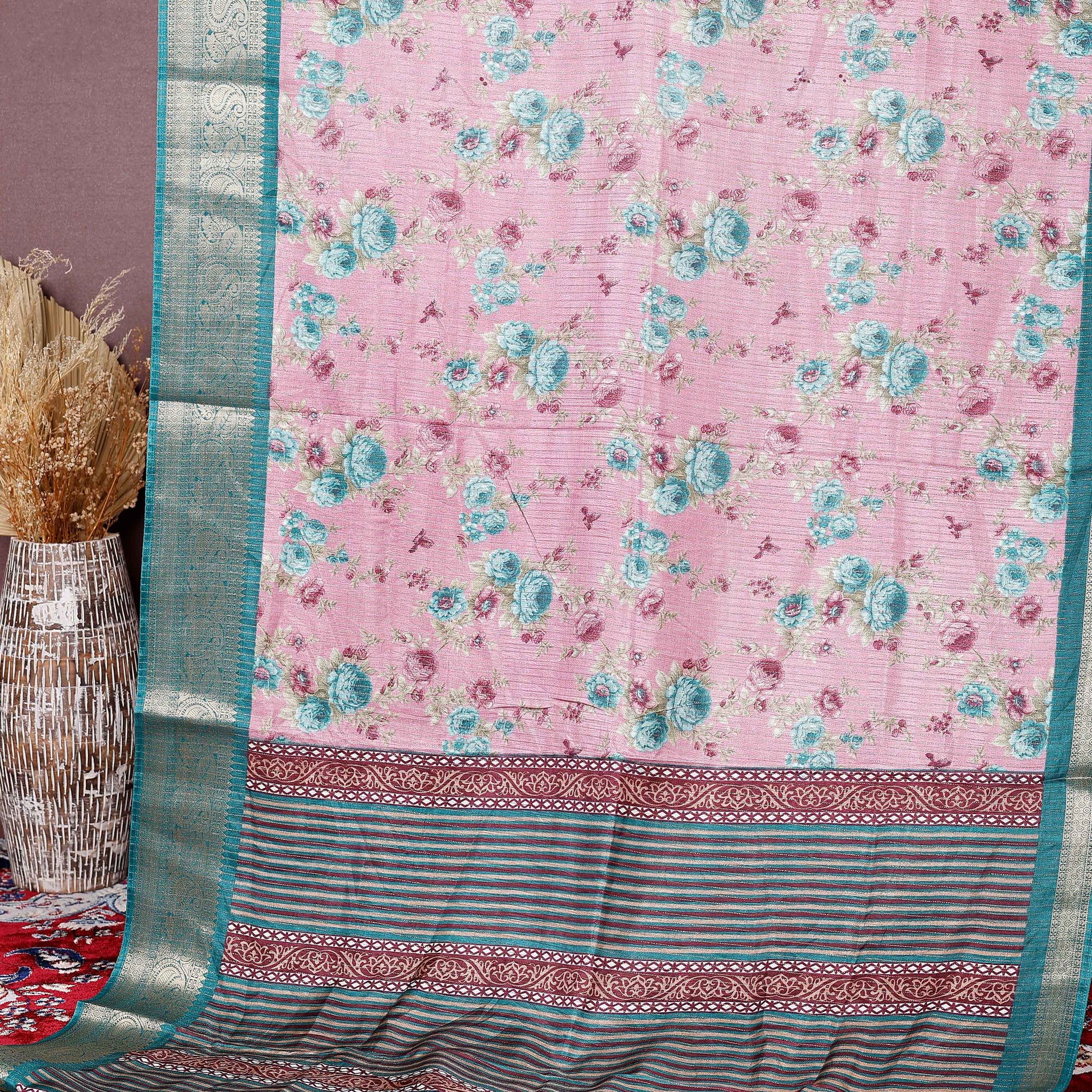 Elegant Dola Silk Saree with Intricate Floral Digital Print and Contrasting Woven Border - Pink
