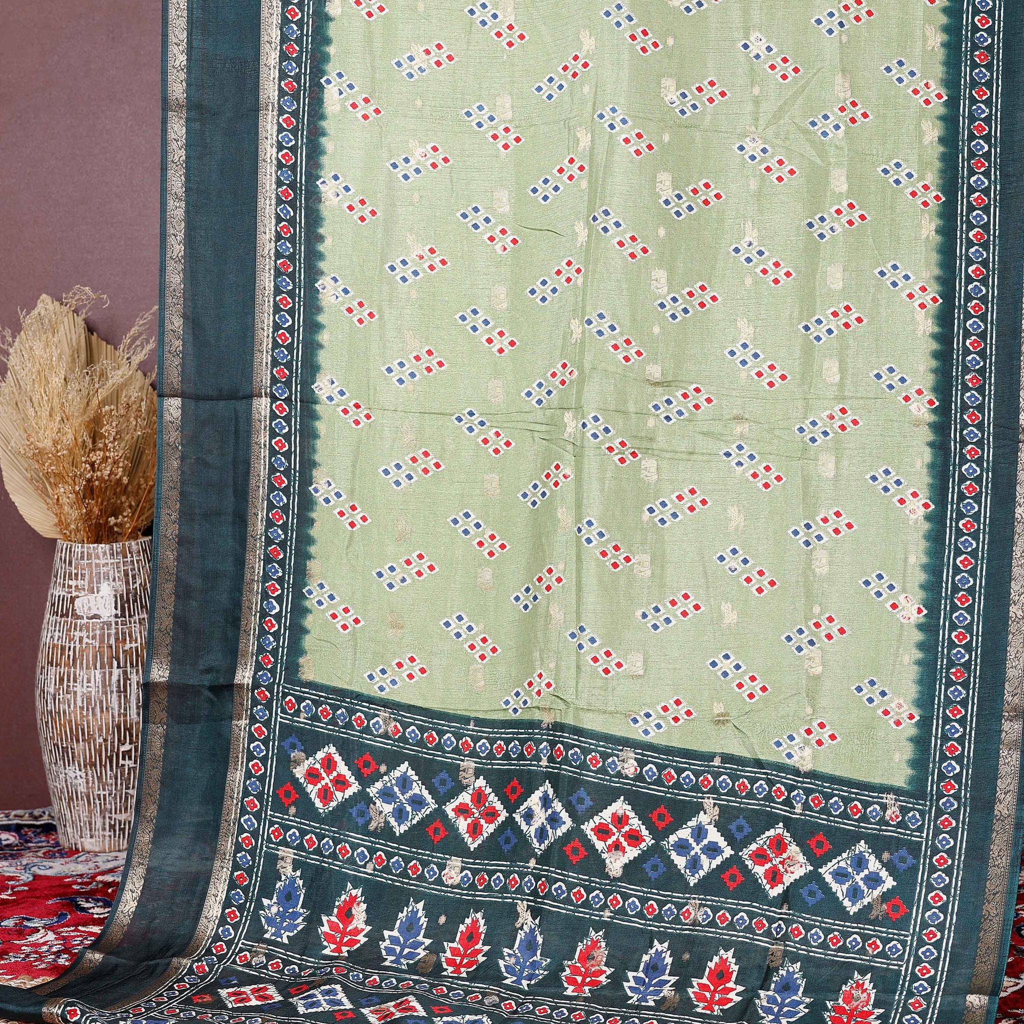 Elegant Fancy Silk Saree with Geometric Woven Motifs and Contrast Designer Border - Green