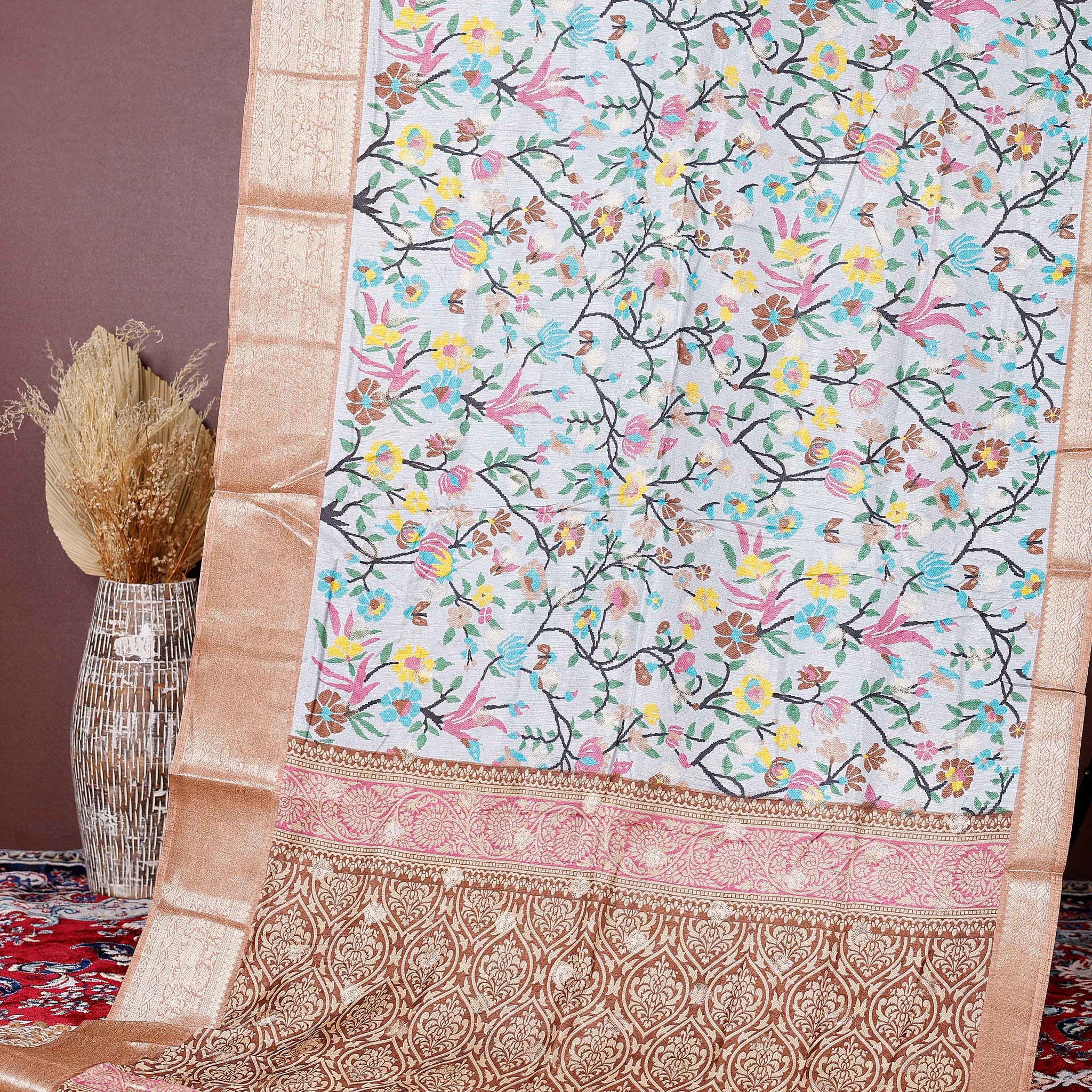 Elegant Fancy Silk Saree with All-Over Floral Weaving and Contrasting Zari Border - Multi