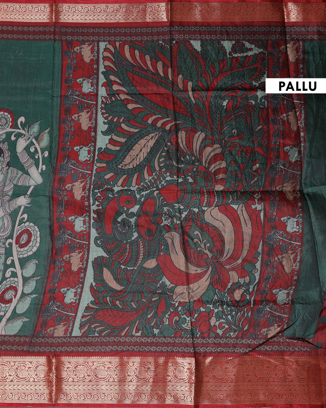Elegant Semi Chanderi Saree with Traditional Kalamkari Handcrafted Motifs and Intricate Zari Border - Green