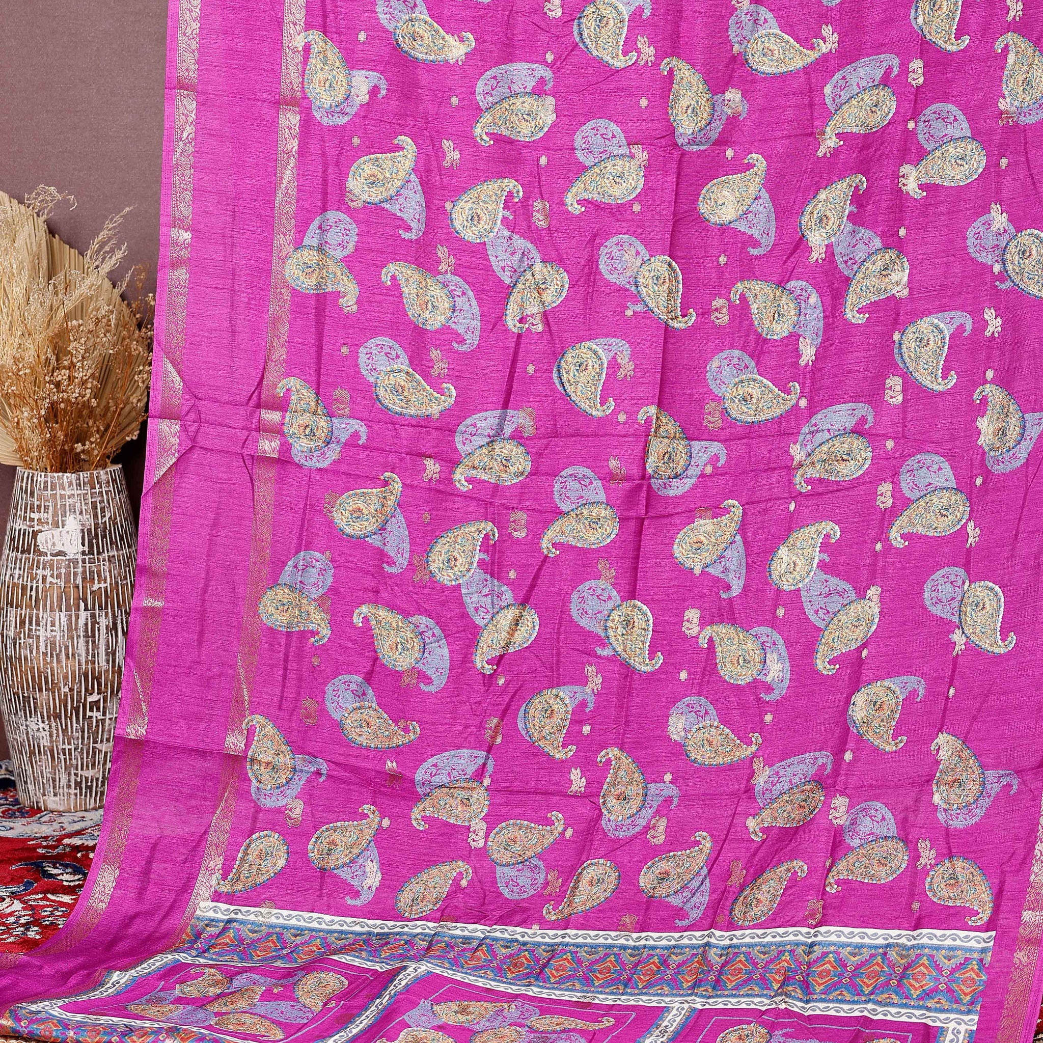 Graceful Fancy Silk Saree with Allover Paisley Motifs and Intricate Contrast Border - Pink