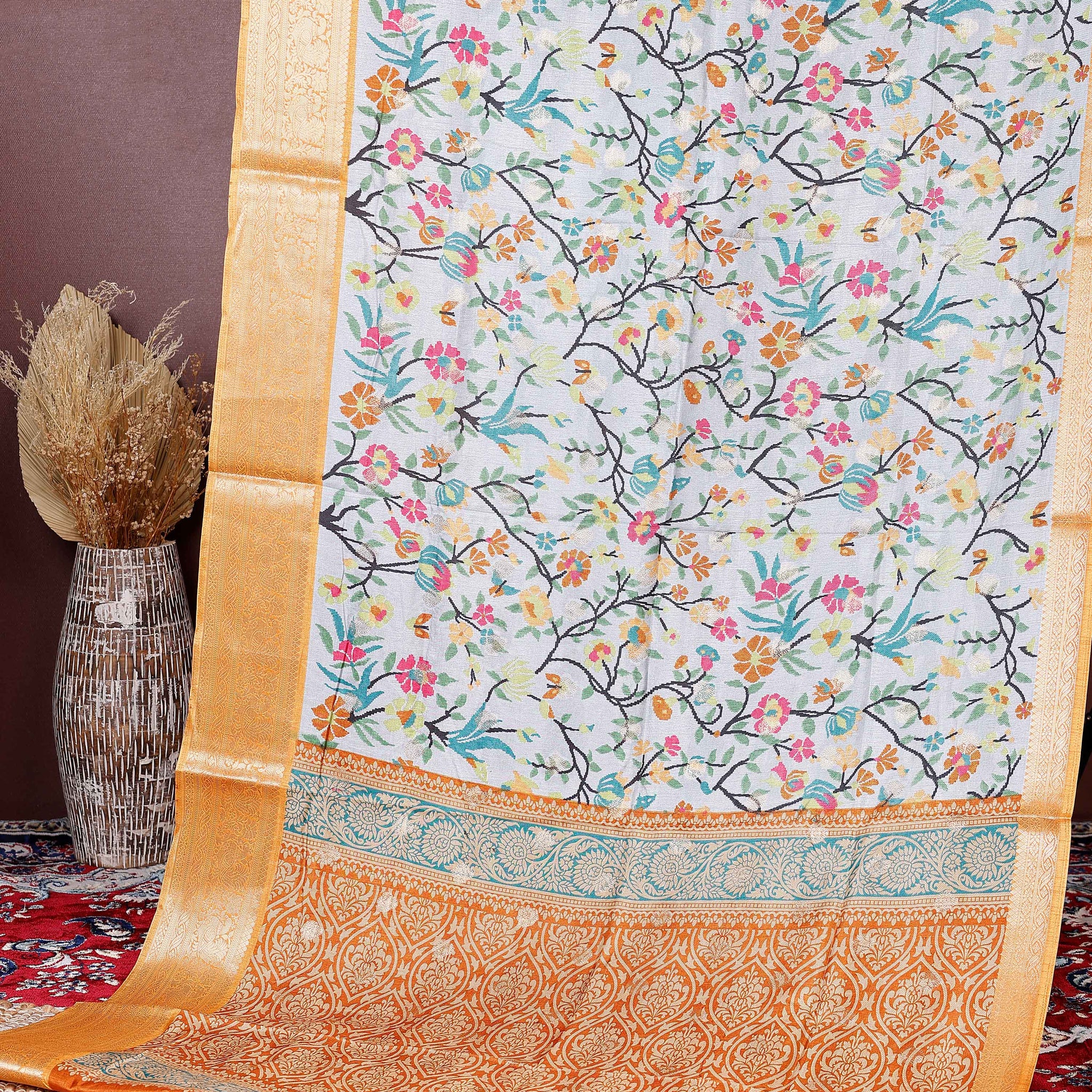 Elegant Fancy Silk Saree with All-Over Floral Weaving and Contrasting Zari Border - Multi
